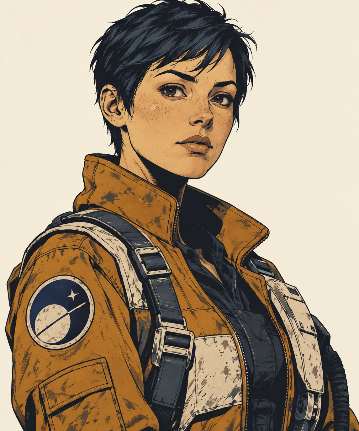 Mira Voss, protagonist in the sample cast sheet, illustrated in a consistent graphic-novel style