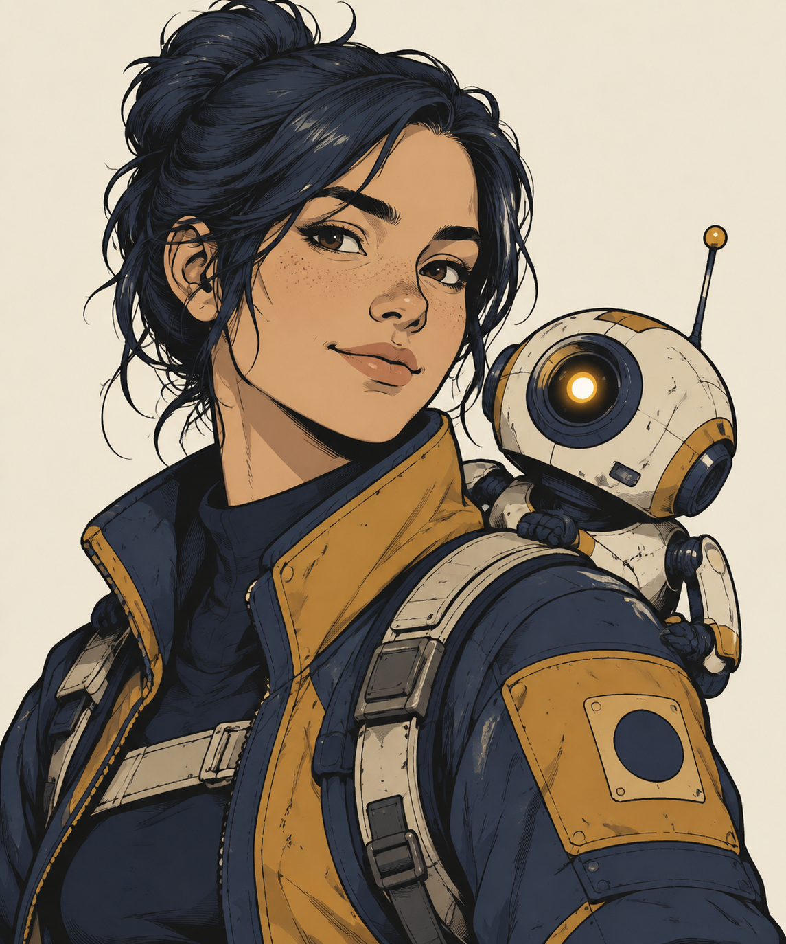 Mira & Whisk, companion in the sample cast sheet, illustrated in a consistent graphic-novel style