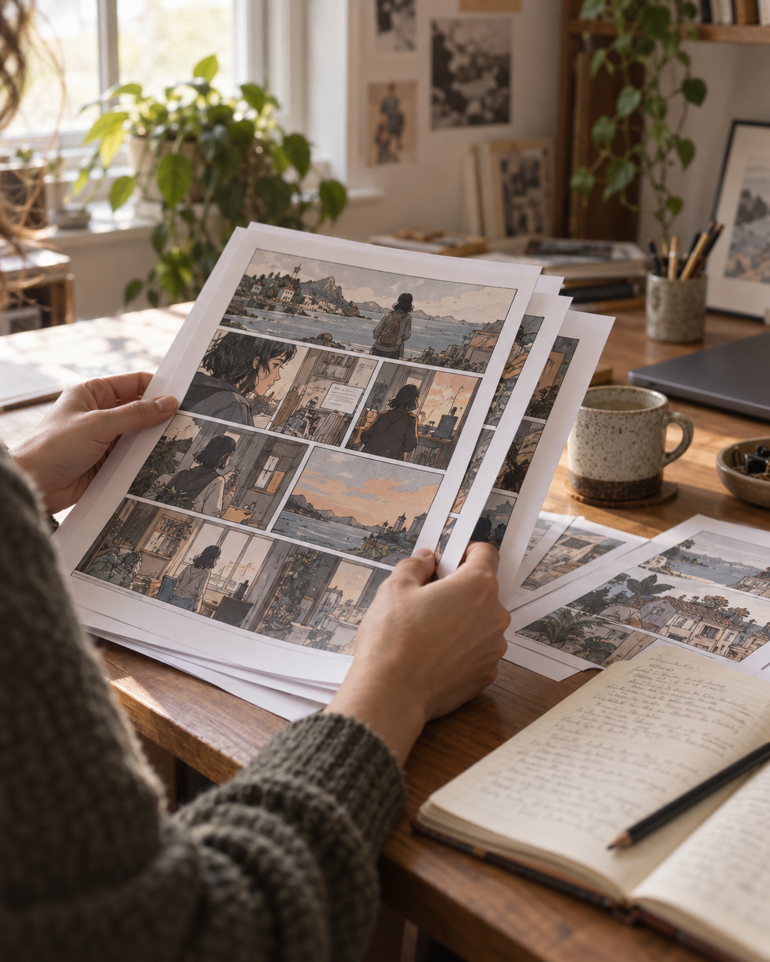 An author holding freshly printed pages adapted from their novel into graphic-novel panels, at a writing desk