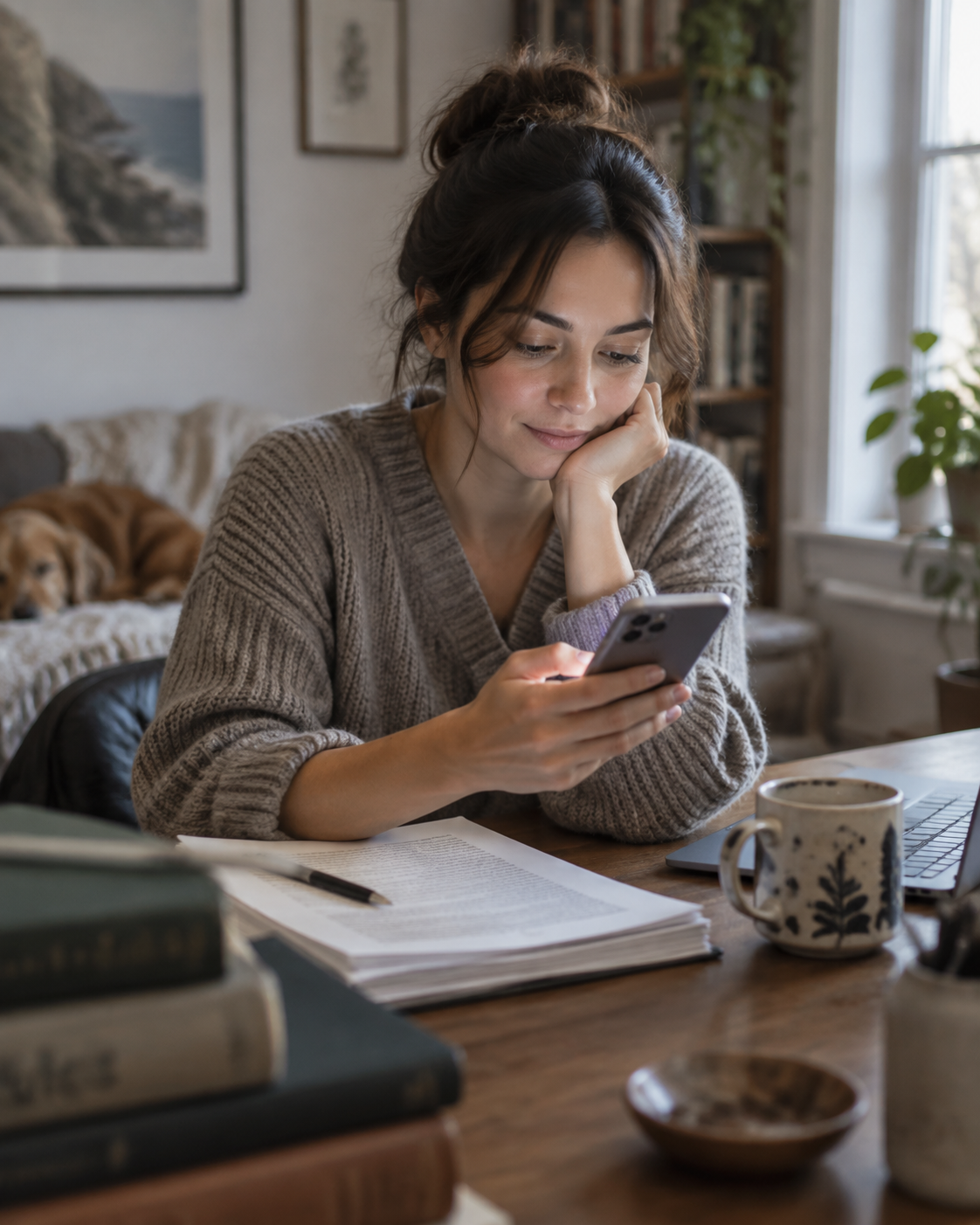 An author glancing at a phone notification at their writing desk, manuscript pages nearby